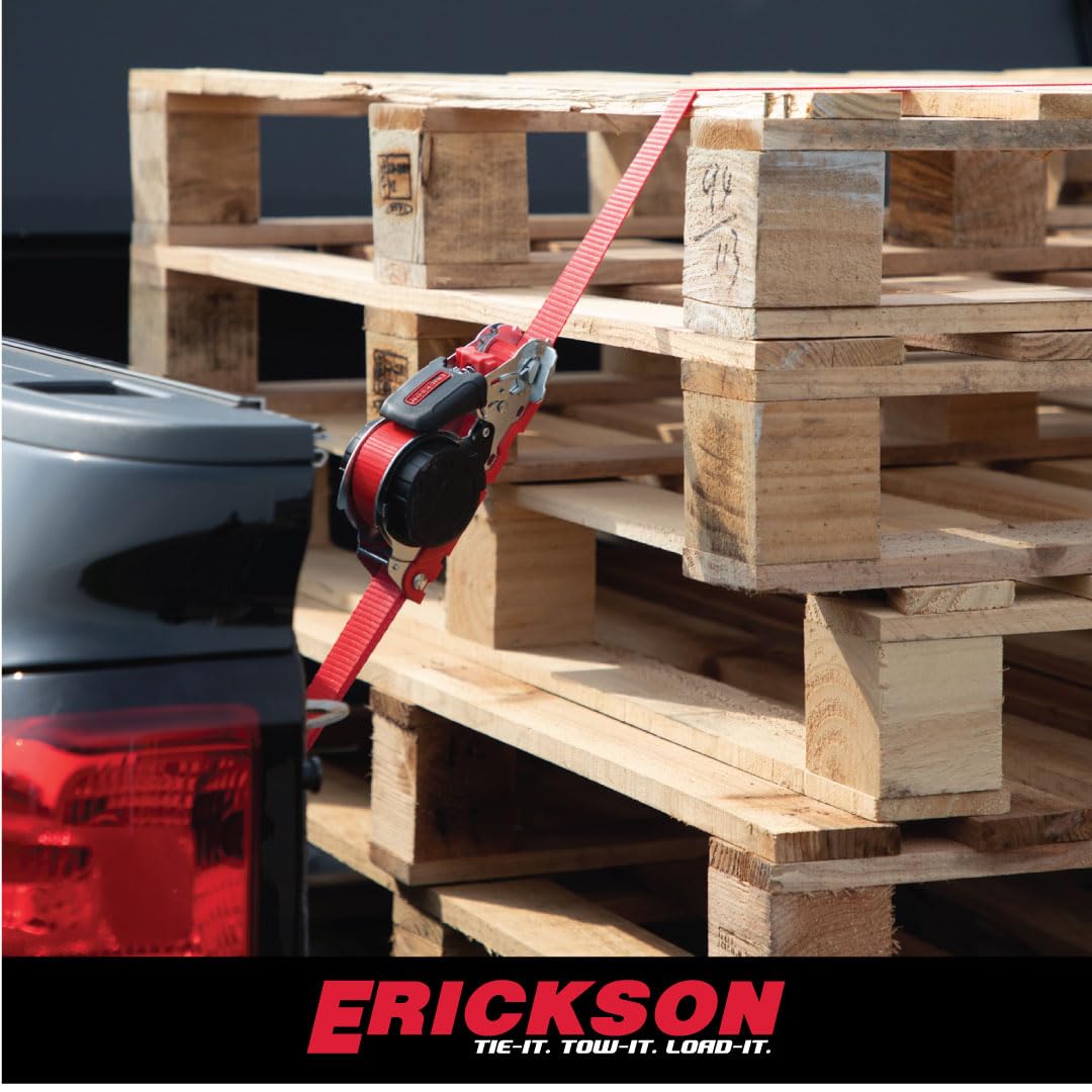 Retractable Ratchet Tie Down Strap Erickson - 1 in x 16 ft - 1500 lb Break Strength, Red Webbing, Self-Locking, Cap Lock Hooks - Heavy Duty for Truck, Trailer, ATV, UTV, Vehicle Cargo
