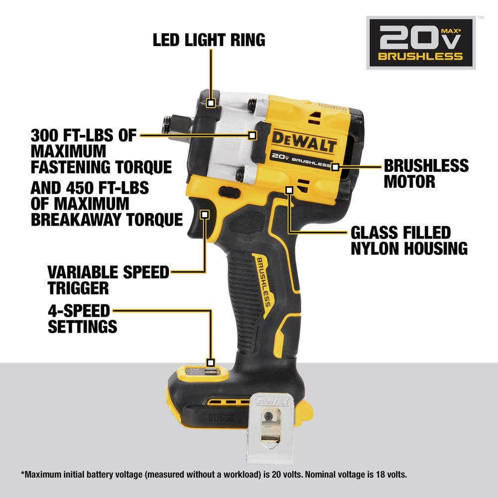 20V MAX* DEWALT ATOMIC 1/2 in. Cordless Impact Wrench with Hog Ring Anvil (Tool Only) (DCF921B)