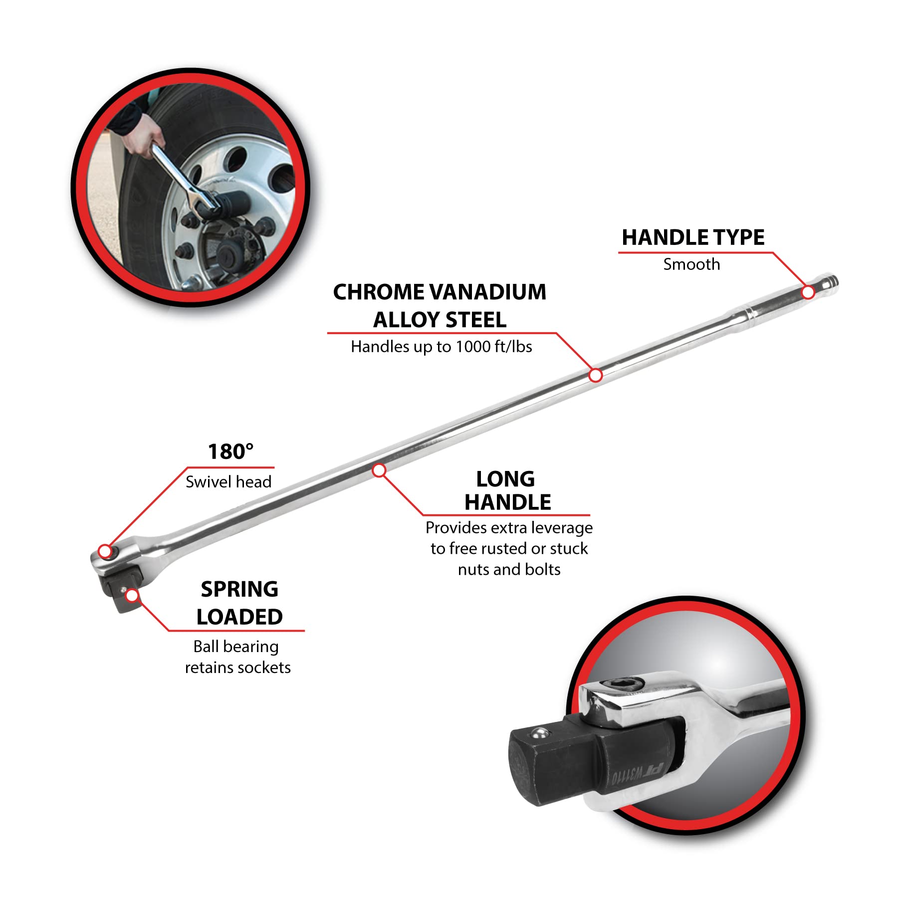 W31110 Performance Tool 1-Inch Drive, Heavy Duty 40-Inch Breaker Bar With 180 Degree Swivel Head