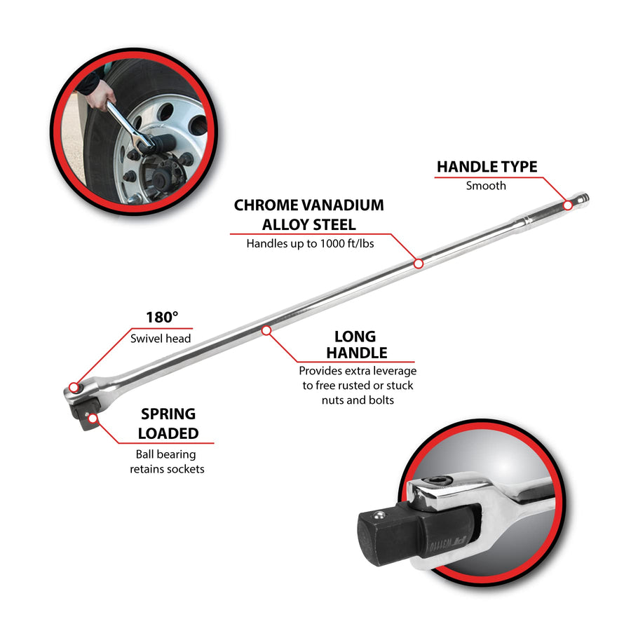 W31110 Performance Tool 1-Inch Drive, Heavy Duty 40-Inch Breaker Bar With 180 Degree Swivel Head