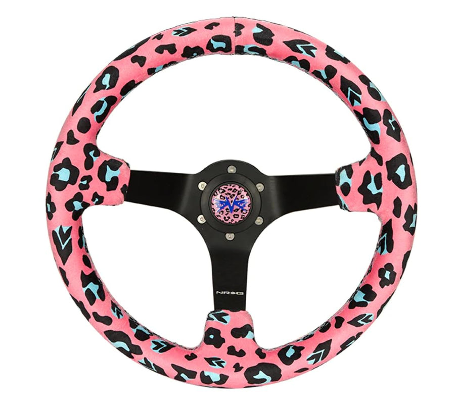 NRG Innovations Reinforced NRG-RST-036MB-SV-PK Sport Steering Wheel 350mm (3' deep) Savage Pink Leopard Printed Micro Fiber Vegan Material with Matte Black Spoke