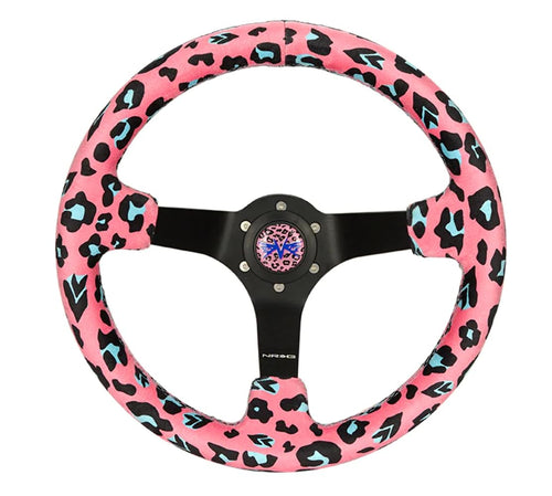 NRG Innovations Reinforced NRG-RST-036MB-SV-PK Sport Steering Wheel 350mm (3' deep) Savage Pink Leopard Printed Micro Fiber Vegan Material with Matte Black Spoke