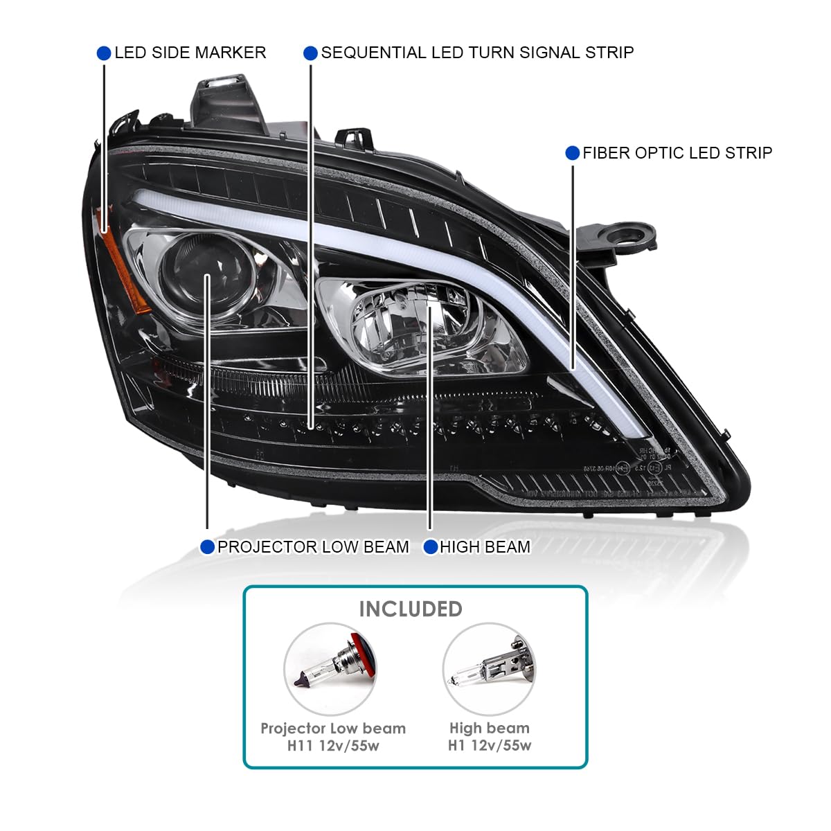SPEC-D TUNING Projector Headlights Glossy Black with LED Sequential Turn Signals Compatible with 2009-2011 Mercedes Benz W164 ML320, Left + Right Pair Headlamp Assembly