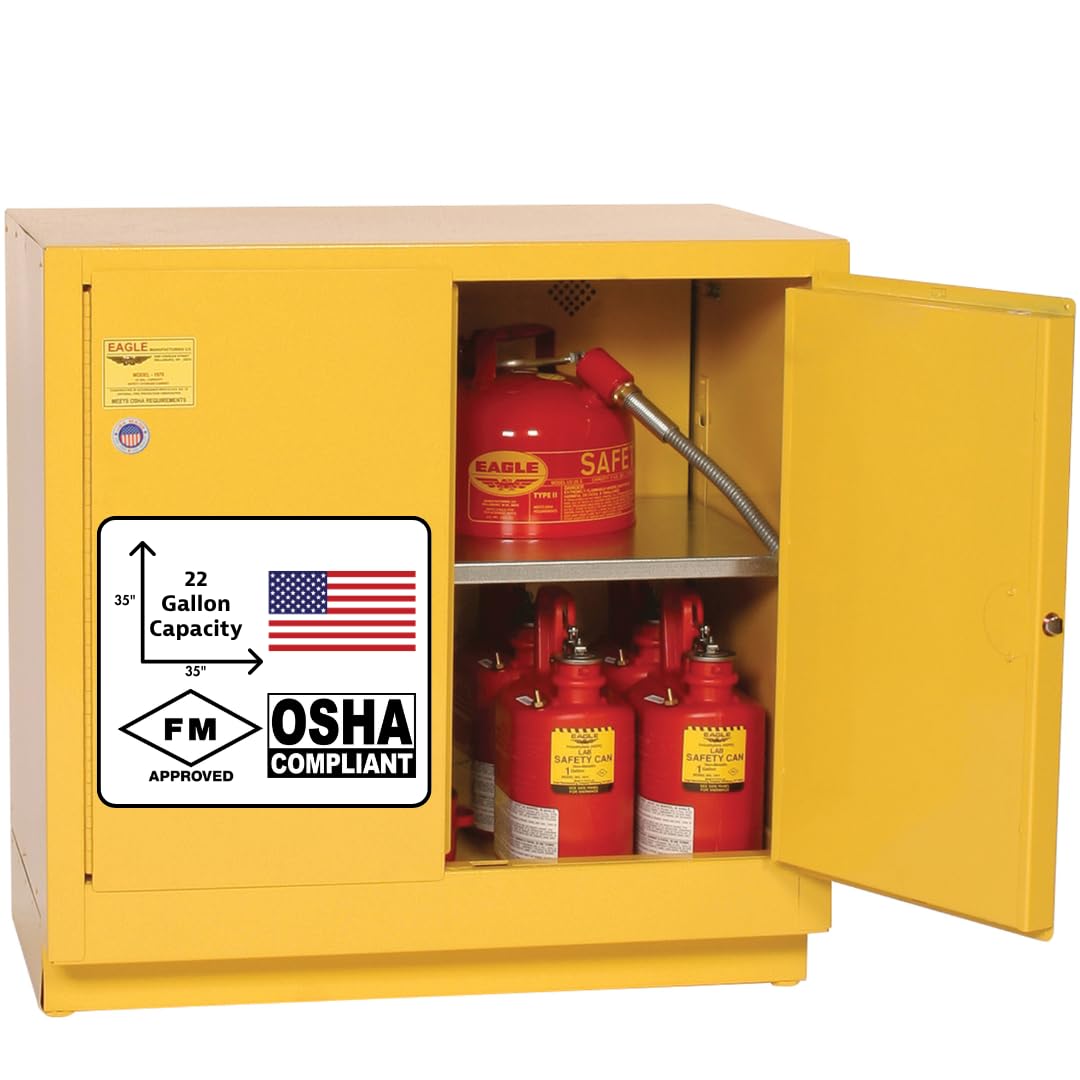 22 Gallon Eagle American Made F﻿lammable Liquid Storage Cabinet, Manual-Close Under Counter Fireproof Cabinet for Schools, Garages, Manufacturing Facilities, 35" x 22" x 35", 1971X