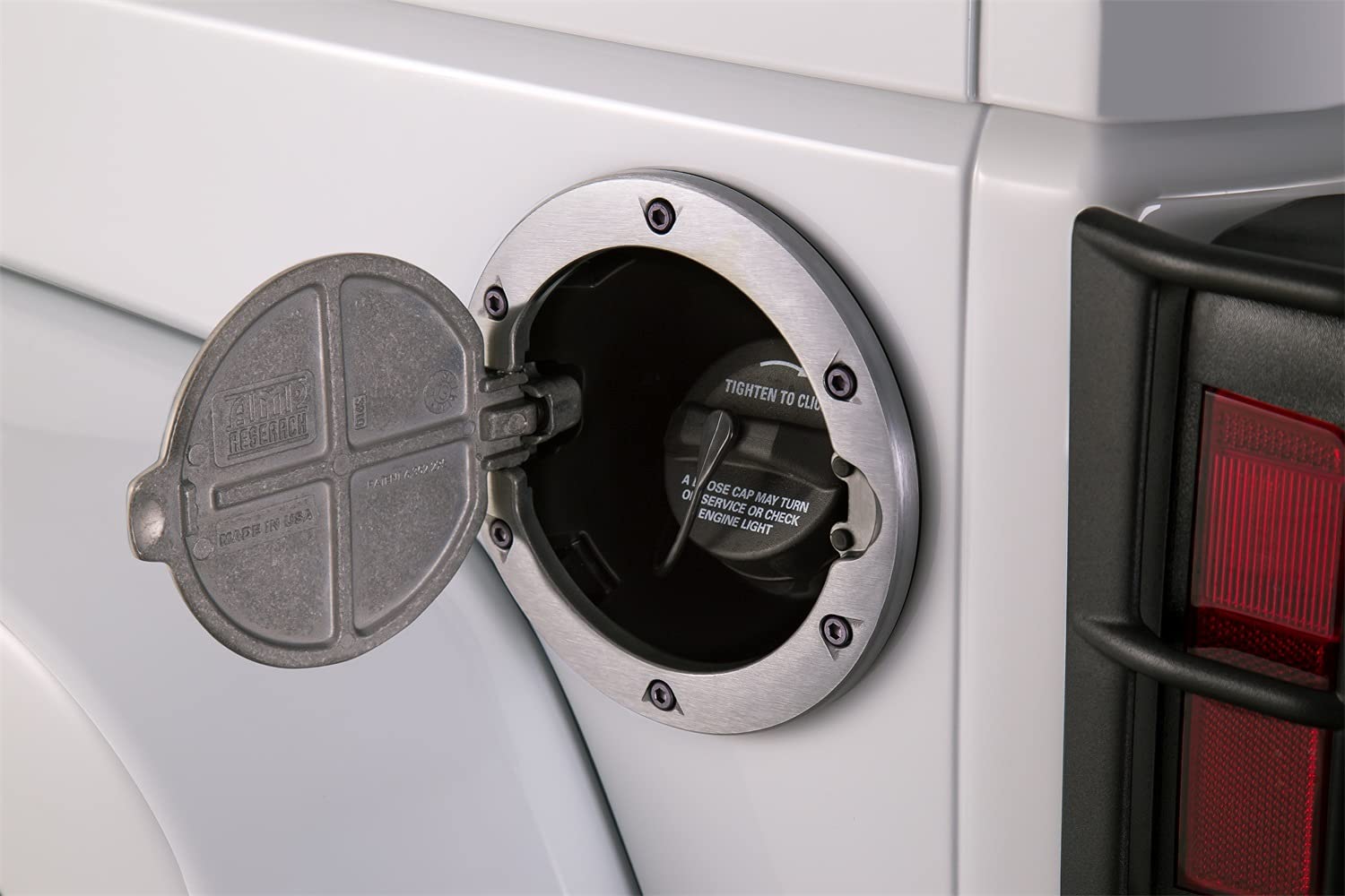 AMP Research RealTruck Aluminum Alloy Fuel Doors - Brushed Aluminum, Each | 73000-00A | Fits 2007 - 2018 Jeep Wrangler JK (2-Door & 4-Door)