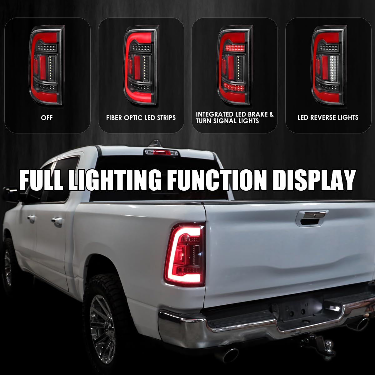 Full LED Tail Lights SPEC-D TUNING w/Red LED Light Bar Compatible with 2019-2023 Ram 1500, Left + Right Pair Assembly