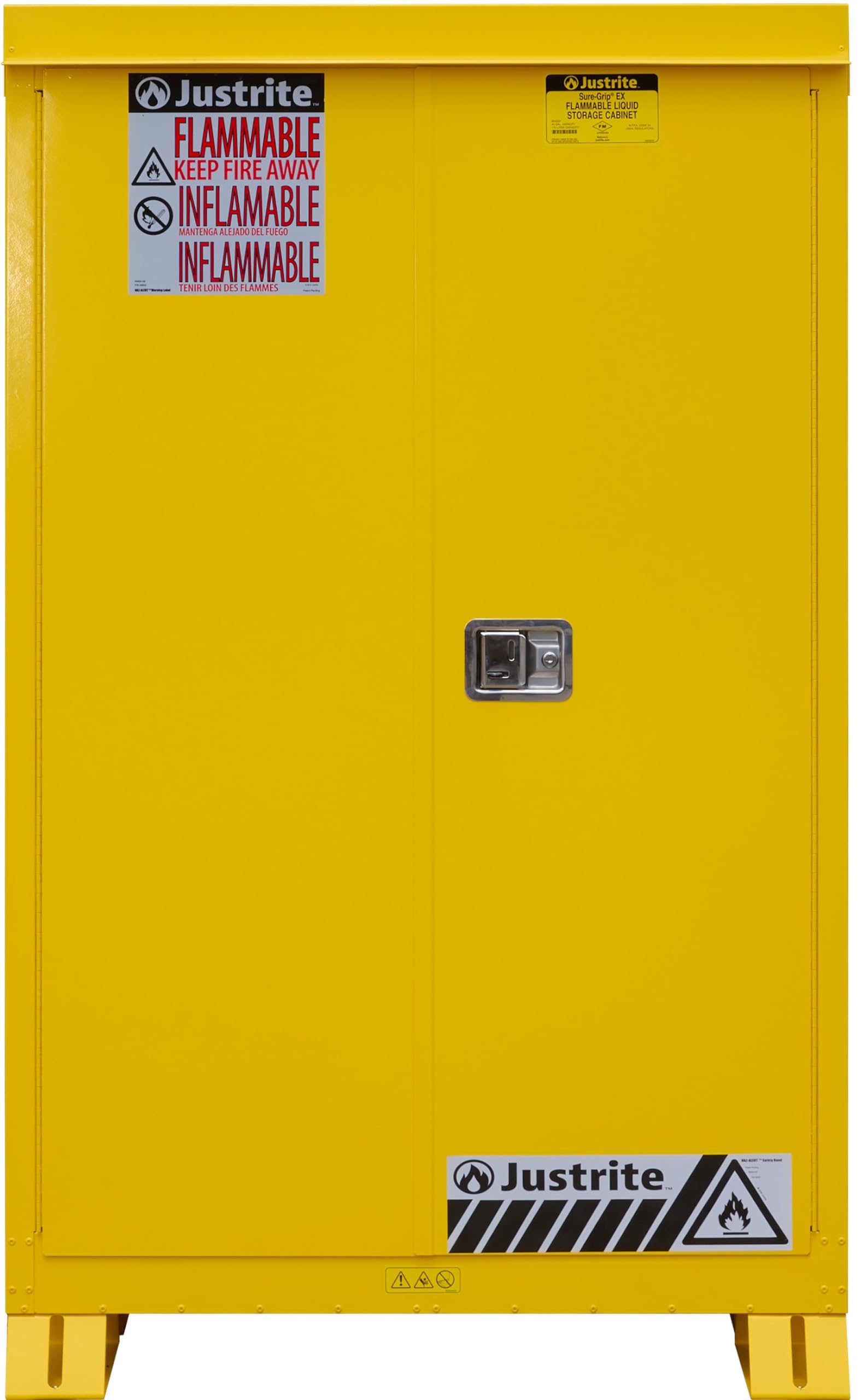Justrite Outdoor Reinforced Steel Flammable Liquid Storage Cabinet, 2 Shelves with 350 lb. Capacity, 2 Manual-Close Door Fire Cabinet, 45 Gallon, 65"x 43"x 18", Made in The USA, Yellow, 814500