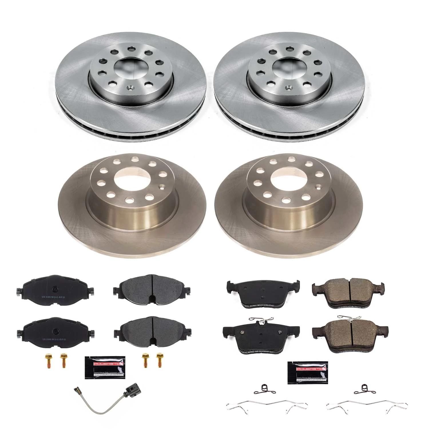 Power Stop KOE8365 Front and Rear Brake Kit-OE Brake Rotors & Ceramic Brake Pads and 1 Front Sensor Wire For Volkswagen Jetta 2019-2022 [Model Specific]