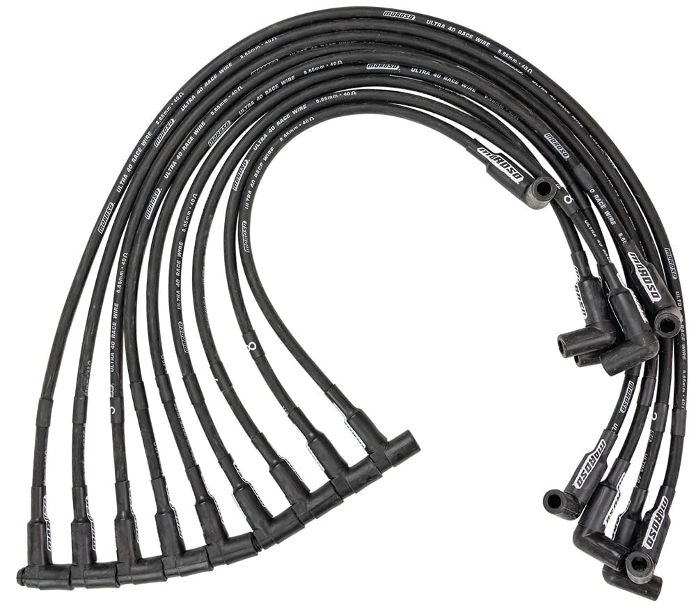 Moroso Ultra 40 Spark Plug Wire Set, Spiral Core, 8.65 mm, Black, 90 Degree Plug Boots, HEI Style Terminal, Sprint Car, V8, Kit