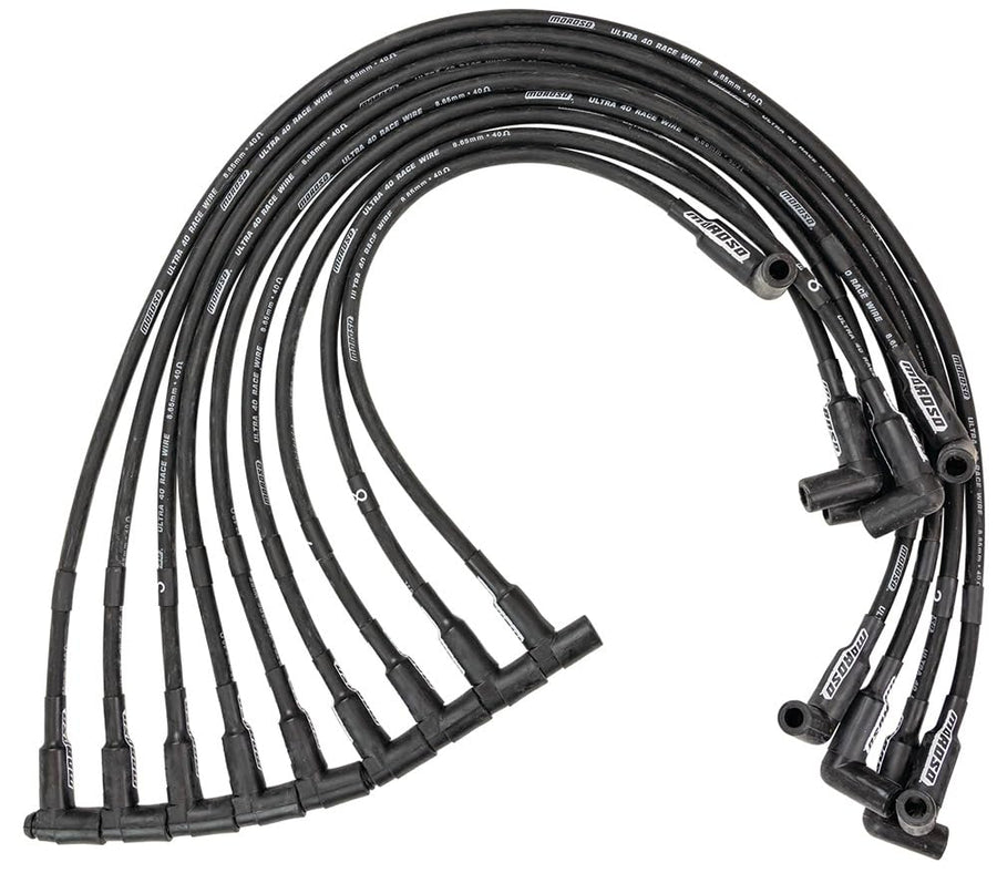 Moroso Ultra 40 Spark Plug Wire Set, Spiral Core, 8.65 mm, Black, 90 Degree Plug Boots, HEI Style Terminal, Sprint Car, V8, Kit