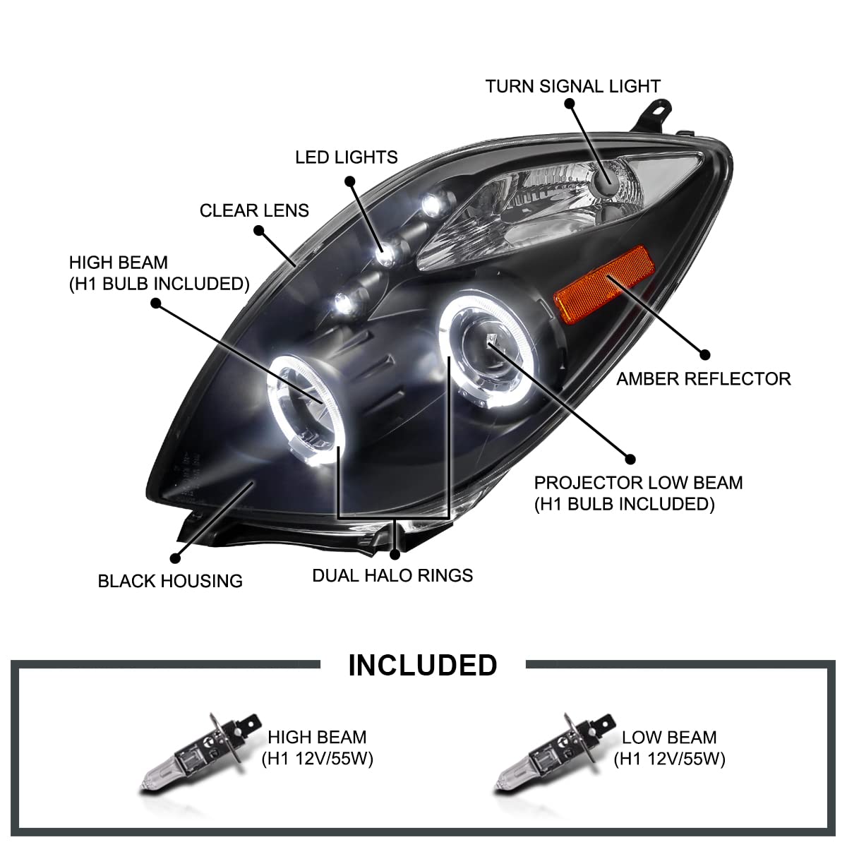 Halo Projector LED Lamps Black SPEC-D TUNING Headlights Compatible with 2006-2008 Toyota Yaris Hatchback, Left + Right Pair Headlamps Assembly