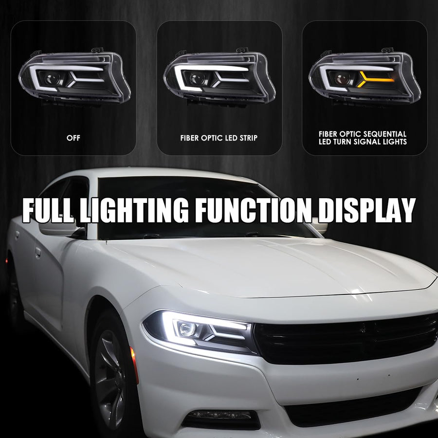 Black LED Projector Headlights w/Sequential Turn Signal SPEC-D TUNING Compatible with 2015-2023 Dodge Charger with factory halogen headlights