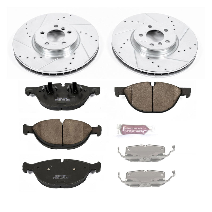 Power Stop K6009 Z23 Carbon Fiber Brake Pads Front with Drilled & Slotted Brake Rotors Kit and 1 Front Sensor Wire For BMW X5 2011-2018, BMW X6 2011-2019 [Model Specific]
