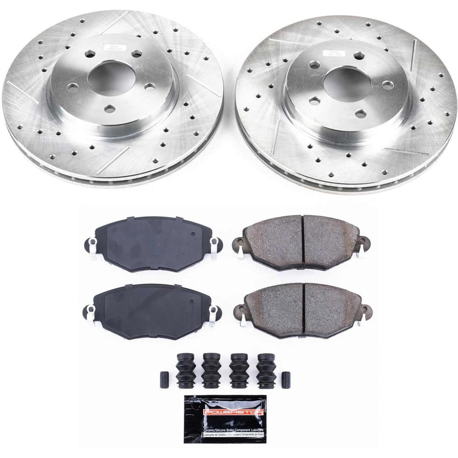 Power Stop K1373 Z23 Carbon Fiber Brake Pads with Drilled & Slotted Brake Rotors Kit For Jaguar X-Type 2002-2008 [Model Specific]