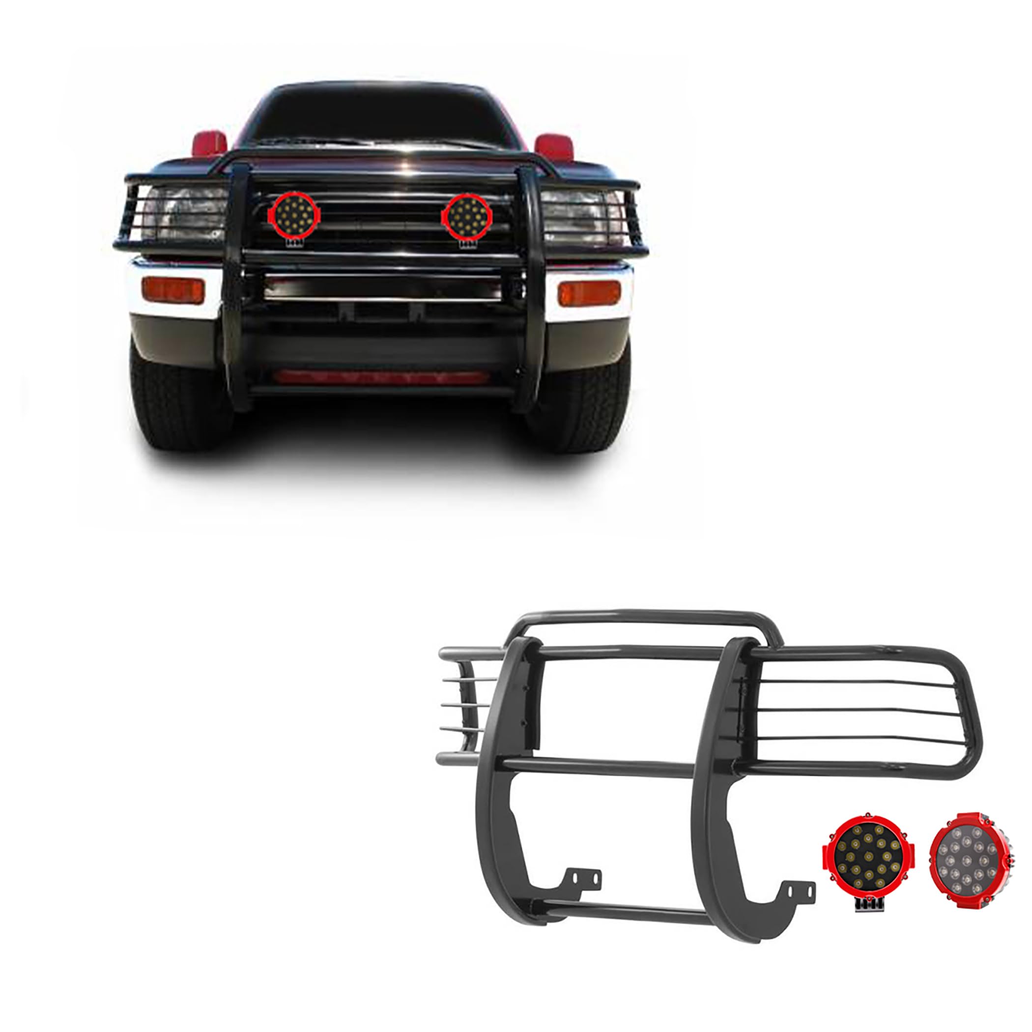 Grille Brush Black Horse Bumper Guard Modular Black Come with Pair of 7.0" Dia.LED Lights with Red Trim Rings Compatible with 1996-1998 Toyota 4Runner|1998-2000 Toyota Tacoma-17T80202MA-PLR