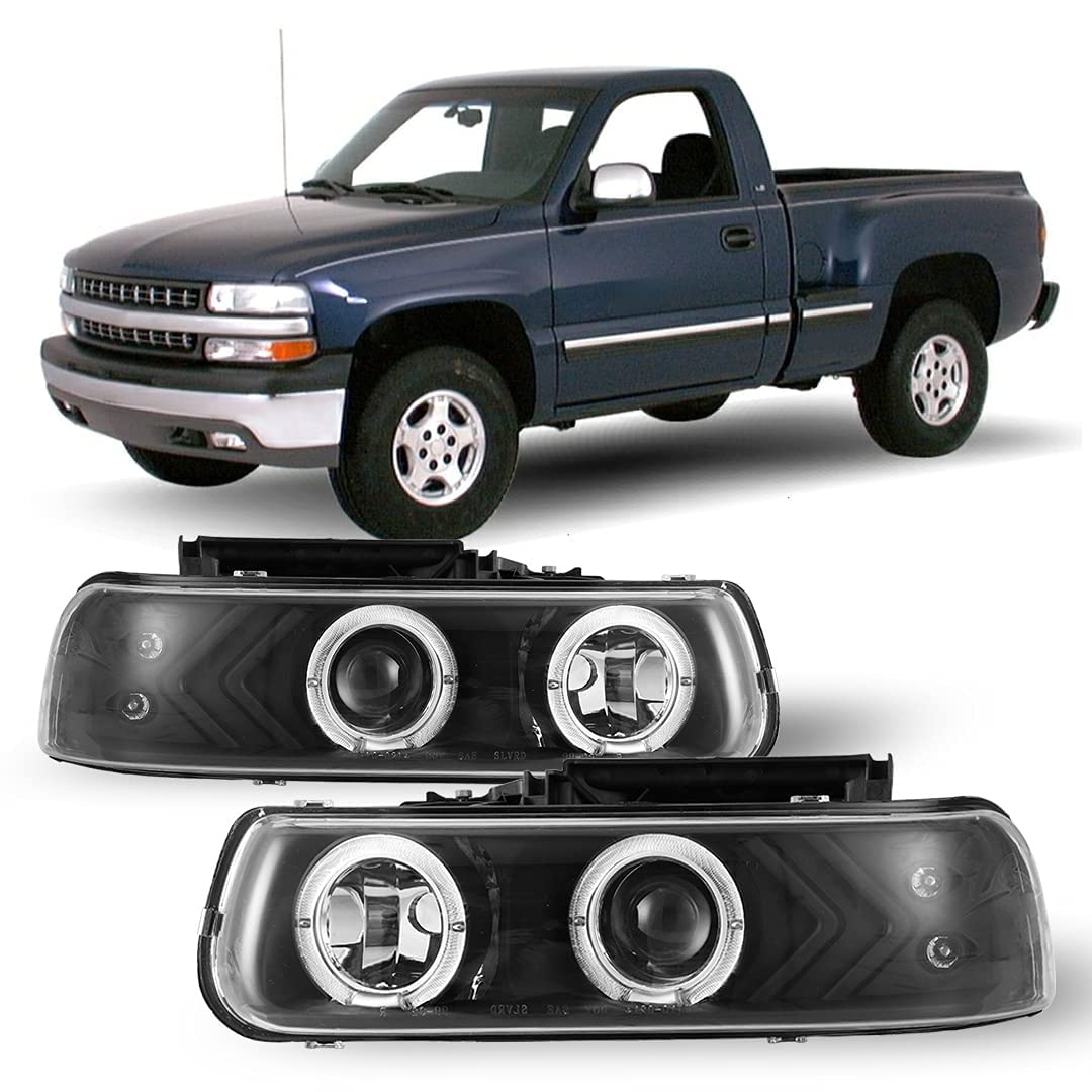Winjet LED DRL Halo Projector Headlights Compatible with [1999-2002 Silverado] [2000 2001 2002 2003 2004 2005 2006 Suburban/Tahoe]