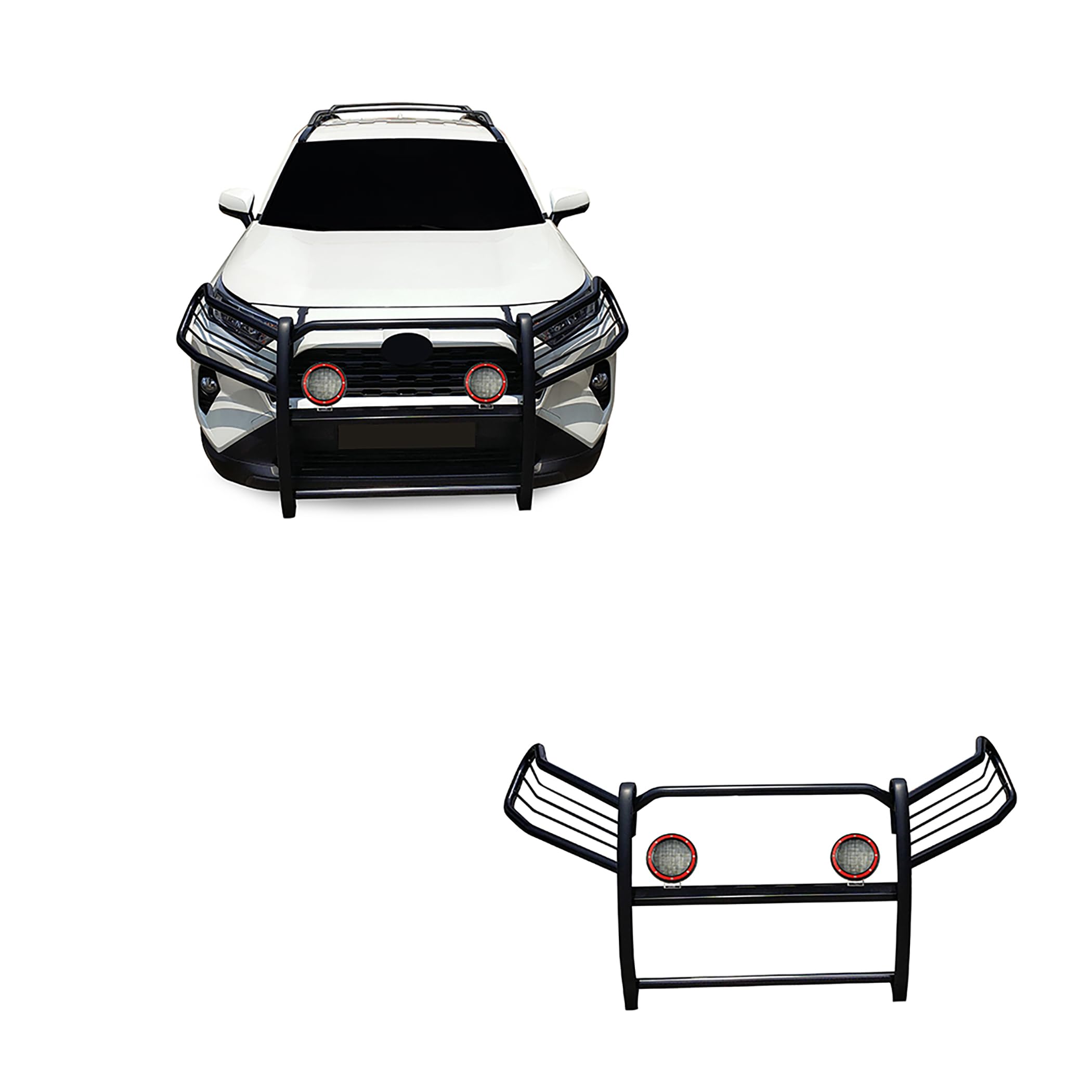 Bumper Guard Black Horse Grille Brush Modular Black Come with Pair of 5.3" Dia.LED Lights with Red Trim Rings Compatible with 2019-2024 Toyota RAV4-17A093904MA-PLFR
