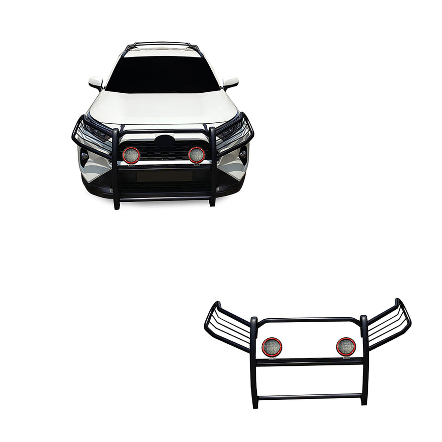 Bumper Guard Black Horse Grille Brush Modular Black Come with Pair of 5.3" Dia.LED Lights with Red Trim Rings Compatible with 2019-2024 Toyota RAV4-17A093904MA-PLFR