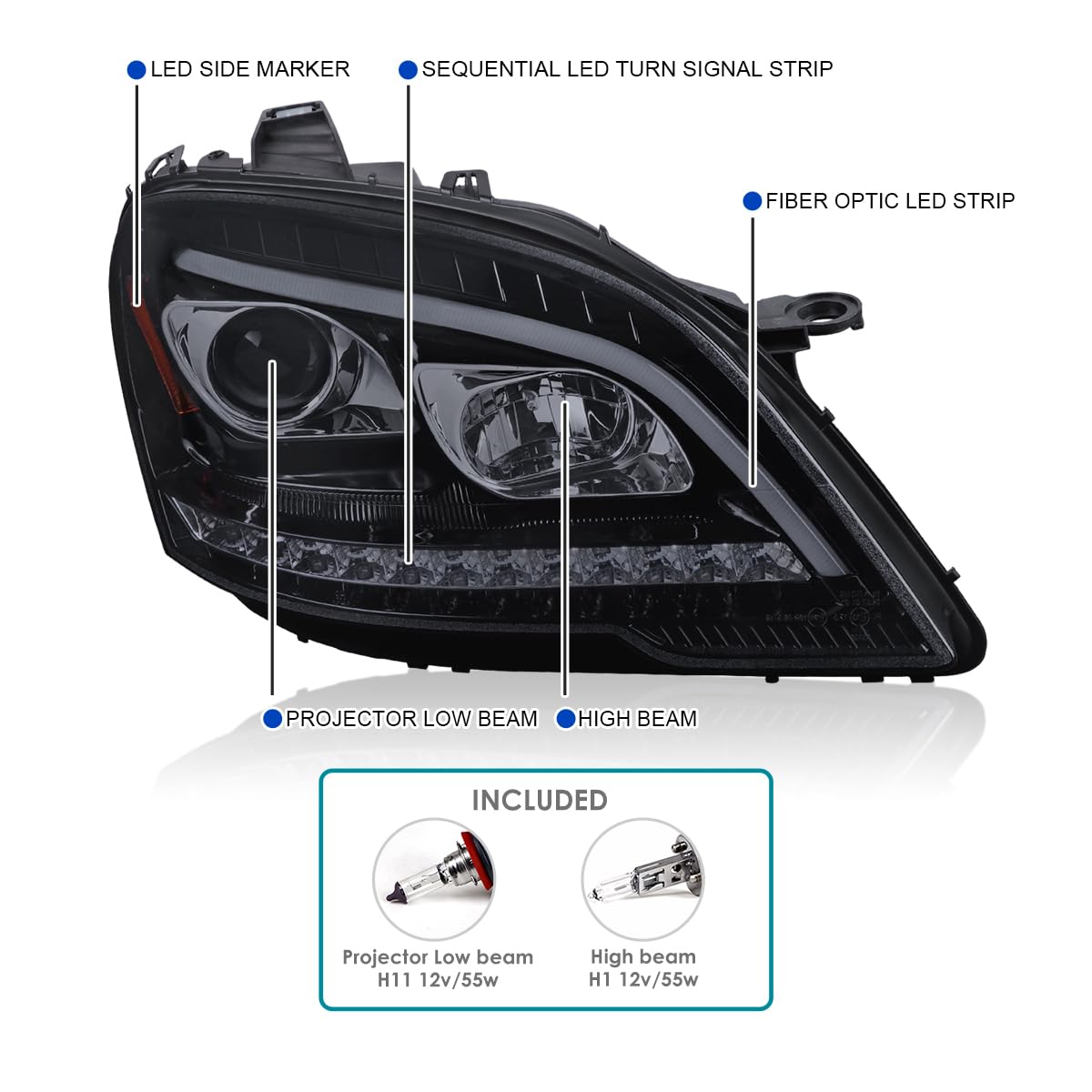 Smoke SPEC-D TUNING Projector Headlights with LED Sequential Turn Signals Compatible with 2009-2011 Mercedes Benz W164 ML320, Left + Right Pair Headlamp Assembly