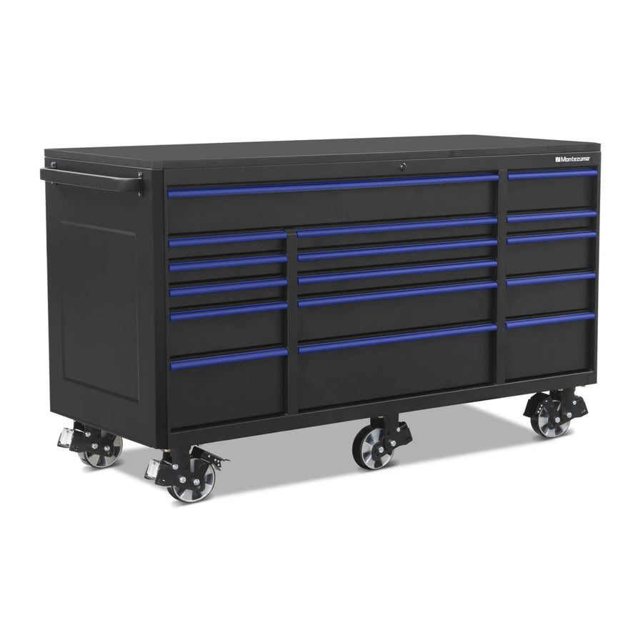Montezuma Tool Box - 72" x 30" Rolling Tool Cabinet with 16 Drawer Multiple Power Outlets & Black Powder Coat Finish - M723016TC