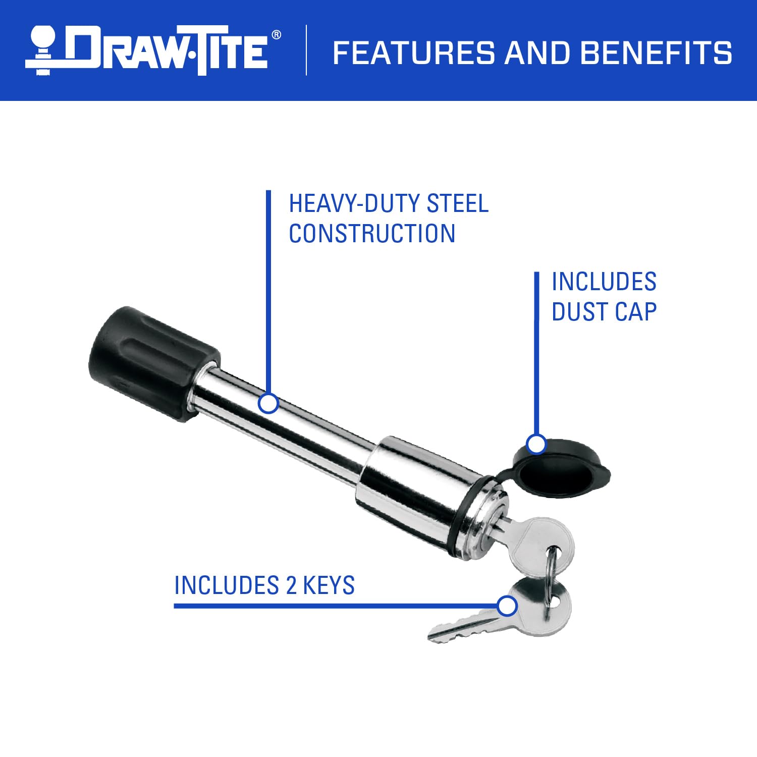 Draw-Tite Trailer Hitch Lock 63217KA, Fits 2 Inch Square Receiver, 5/8 Inch Pin Diameter, Keyed Alike