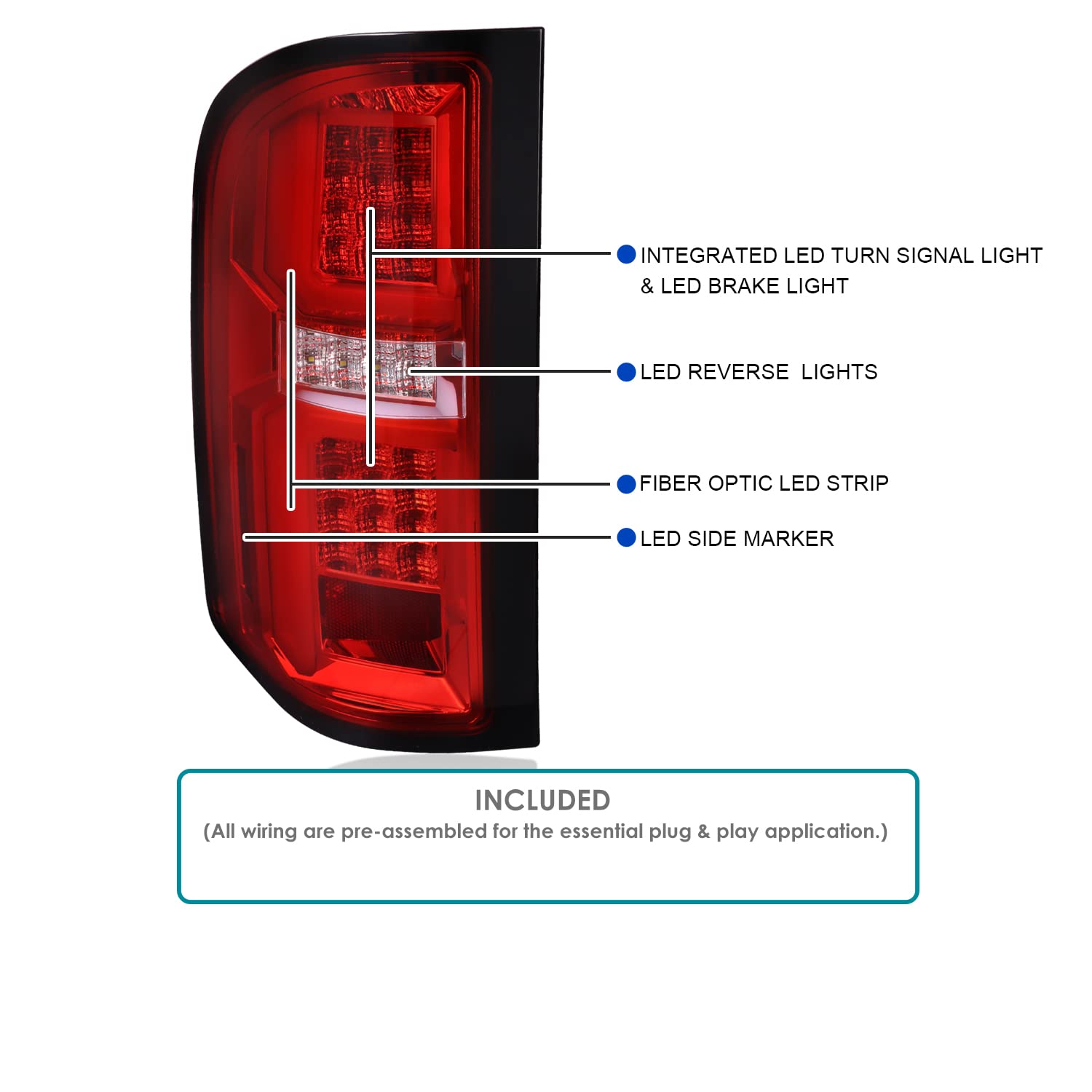 Red LED Tail Lights SPEC-D TUNING w/LED Light Bars Compatible with 2007-2013 Chevy Silverado 1500/2500HD/3500HD, Left + Right Pair Assembly