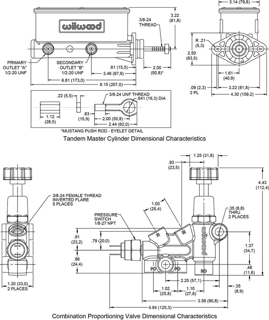 M/C Kit HV w L/H Bracket & Prop Valve - 15/16" Bore,Ball Burn.-W/Push. - Early Mustang
