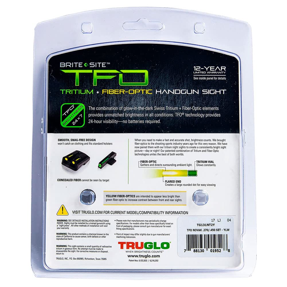 TFO TRUGLO Handgun Sight Set - Fits Novak LoMount Cut .270/.450 (Yellow/Green)