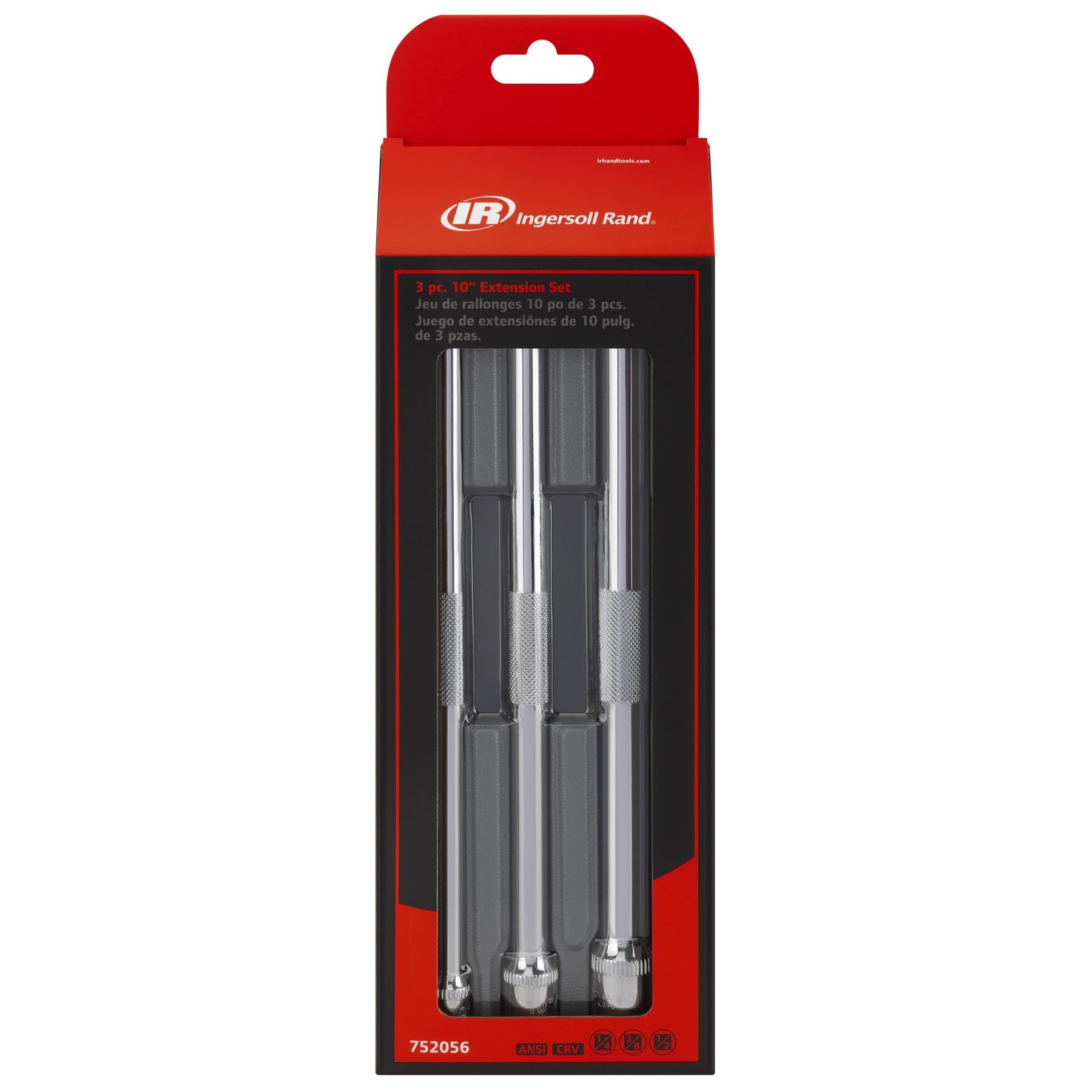 3-Piece Ingersoll Rand Extension Bar Set with Storage Tray, 10-Inch Chrome Vanadium Extensions in 1/4", 3/8", and 1/2" Drive with Reusable Storage Tray, Mirror-Polished Finish - 752056