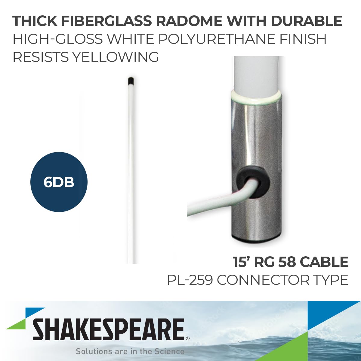 Phase III Shakespeare 6225-R VHF Antenna - 8' VHF Marine Band 6dB Gain , White