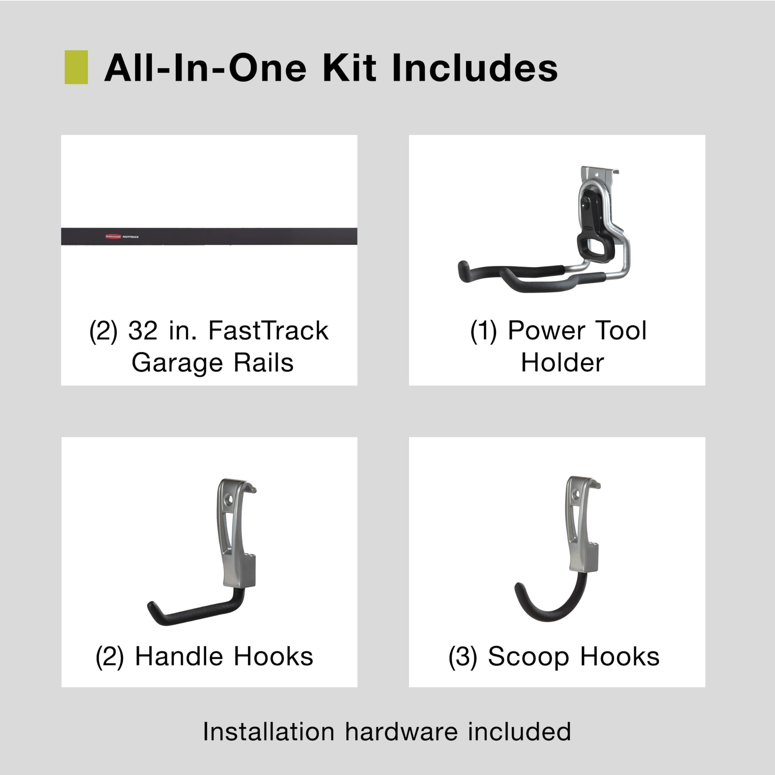 Garage Rubbermaid FastTrack 8-Piece Small Kit Black/Grey All-in-One Rail & Hook Wall Hanging Kit Wall Mounted Storage Solution for Home/Garage
