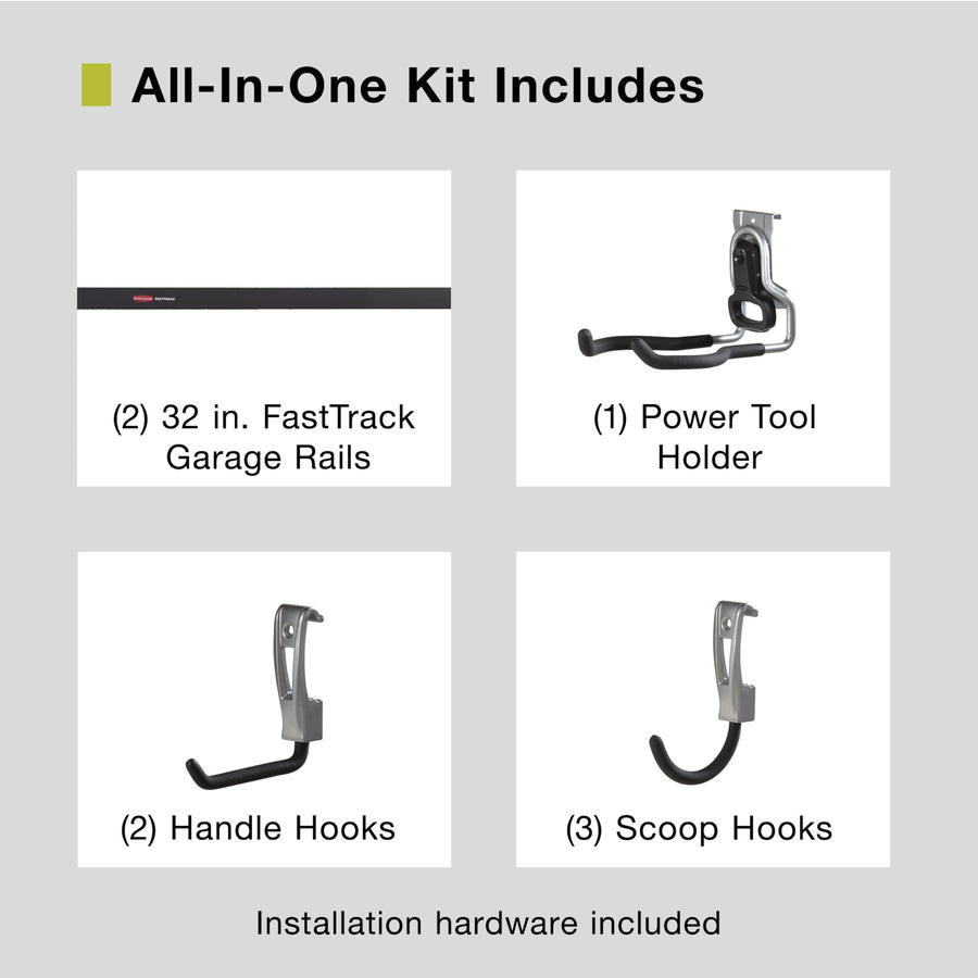 Garage Rubbermaid FastTrack 8-Piece Small Kit Black/Grey All-in-One Rail & Hook Wall Hanging Kit Wall Mounted Storage Solution for Home/Garage