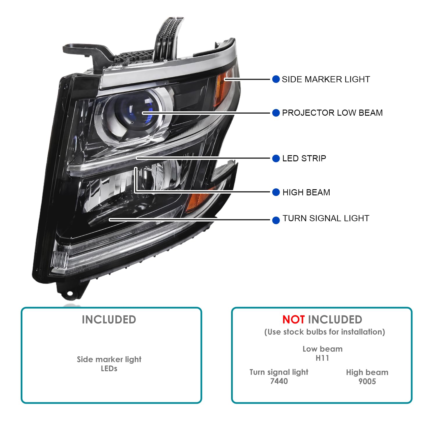 Left Driver Side SPEC-D TUNING Black LED Light Bar Projector Headlight Compatible with 2015-2020 Chevy Tahoe, Suburban, Headlamps Assembly Left + Right Pair