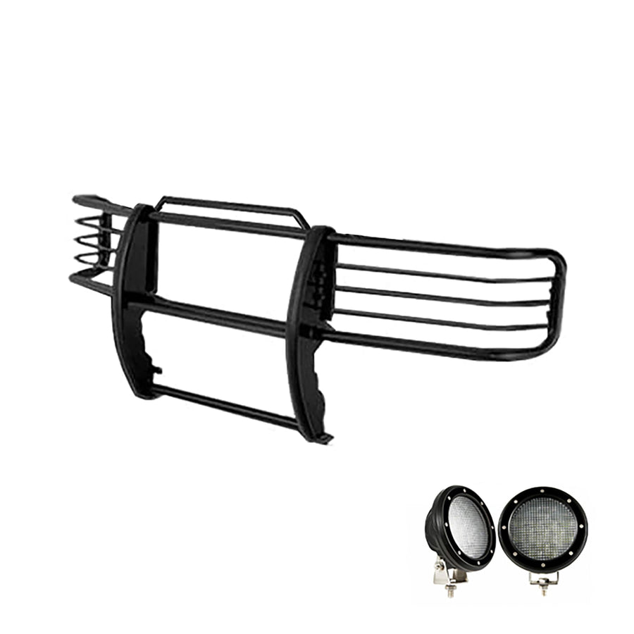 Bumper Guard Black Horse Grille Brush Modular Come with Pair of 5.3" Dia.LED Lights with Black Trim Rings Compatible with 1999-2002 Ford Expedition|1999-2004 Ford F-150-17FP26MA-PLFB