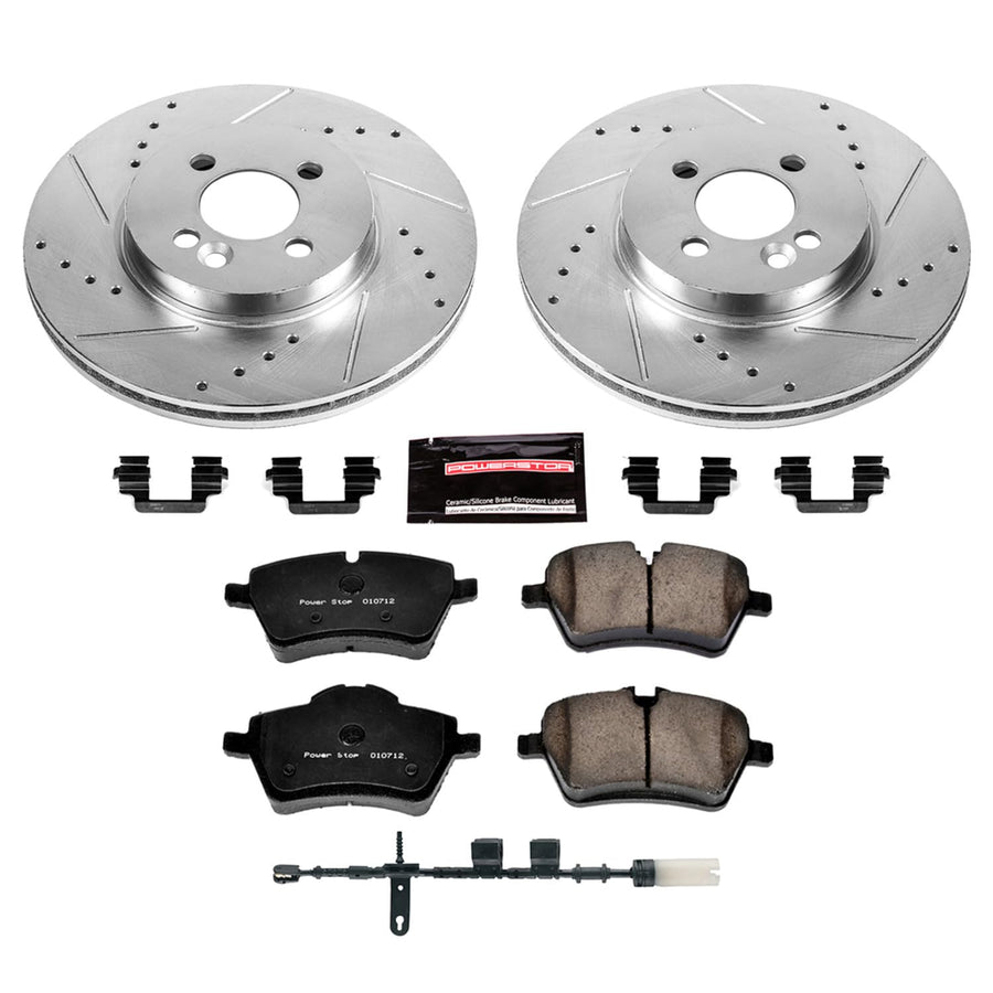 Power Stop K6741 Z23 Carbon Fiber Brake Pads Front with Drilled & Slotted Brake Rotors Kit and 1 Front Sensor Wire For Mini Cooper 2012-2015 [Model Specific]