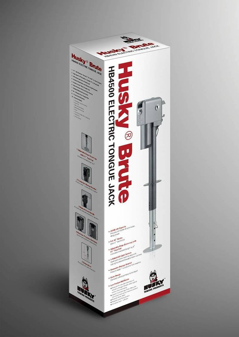 Brute Husky Towing 87247 Electric Trailer Tongue Jack 4500 lb Capacity 18 Inch Travel 6 Inch Drop Down Leg 3 LED Work Lights Bolt-On Gray