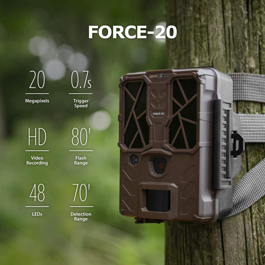 SPYPOINT Trail Camera FORCE-20 20MP HD Video w/ 48x High Power LEDs & Infrared Boost Tech for GREAT NIGHT IMAGE, 80' Flash Range, Low Glow Backlit Setup LCD Screen | NON-Cellular