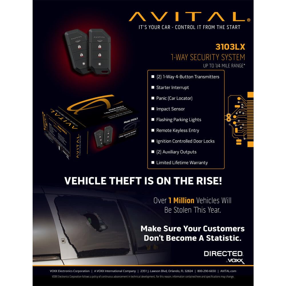 1-Way Avital 3103LX Security System with Keyless Entry/Flashing Parking Lights
