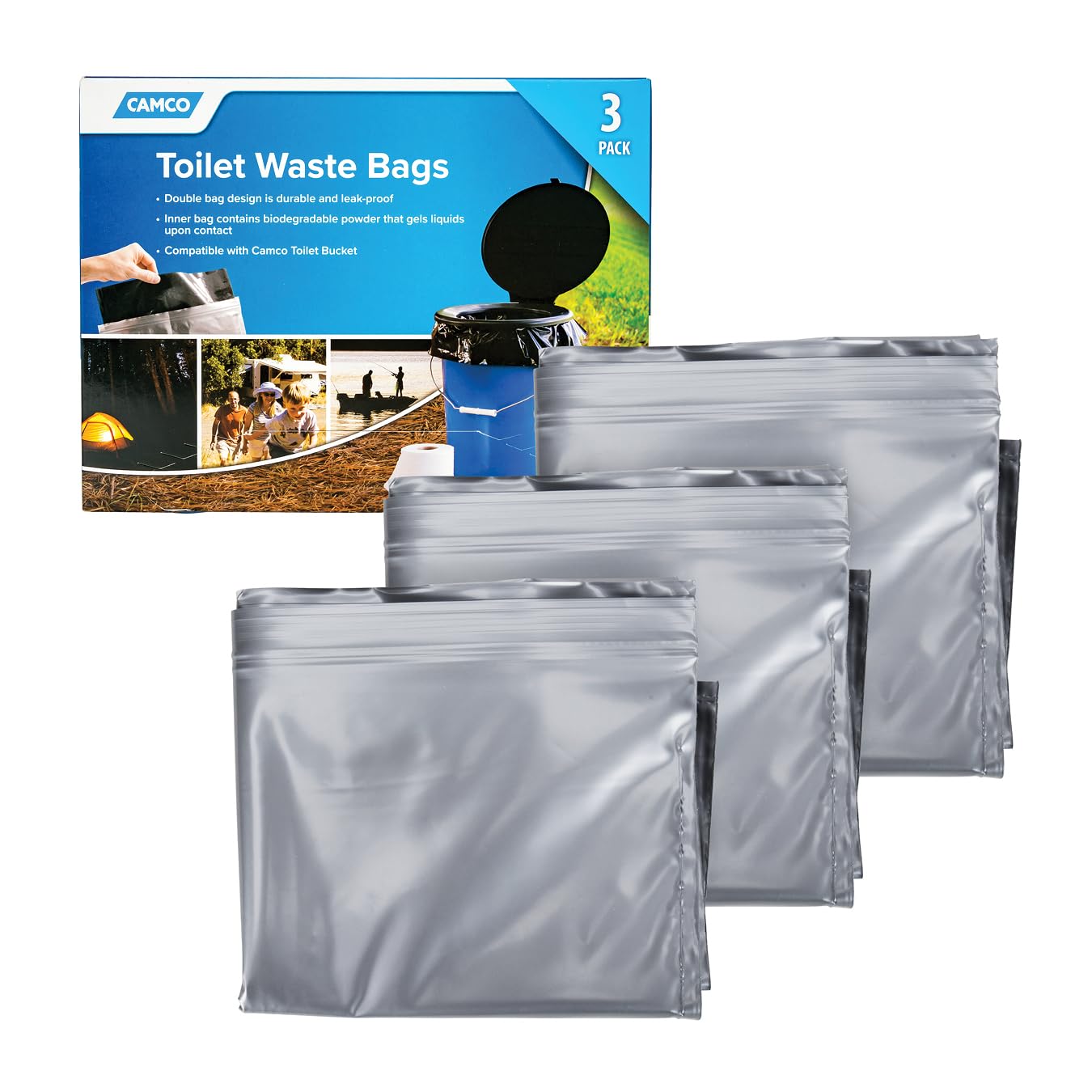 Camco Waste Toilet Bags - Durable Double Bag Design is Leak-Proof - Inner Bag Gels Any Liquid - Great for Camping, Hiking and Hunting and More - 3 Pack (41547)
