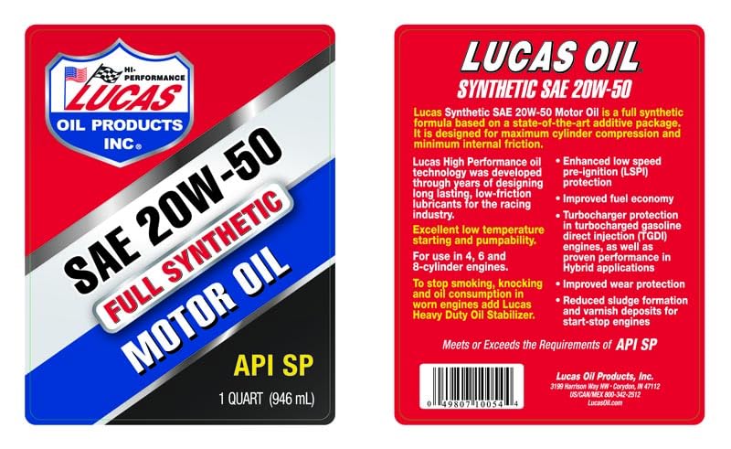 Lucas Oil SAE 20W-50 Synthetic Racing Oil - Bottle, 1 Quart (32 Ounces)