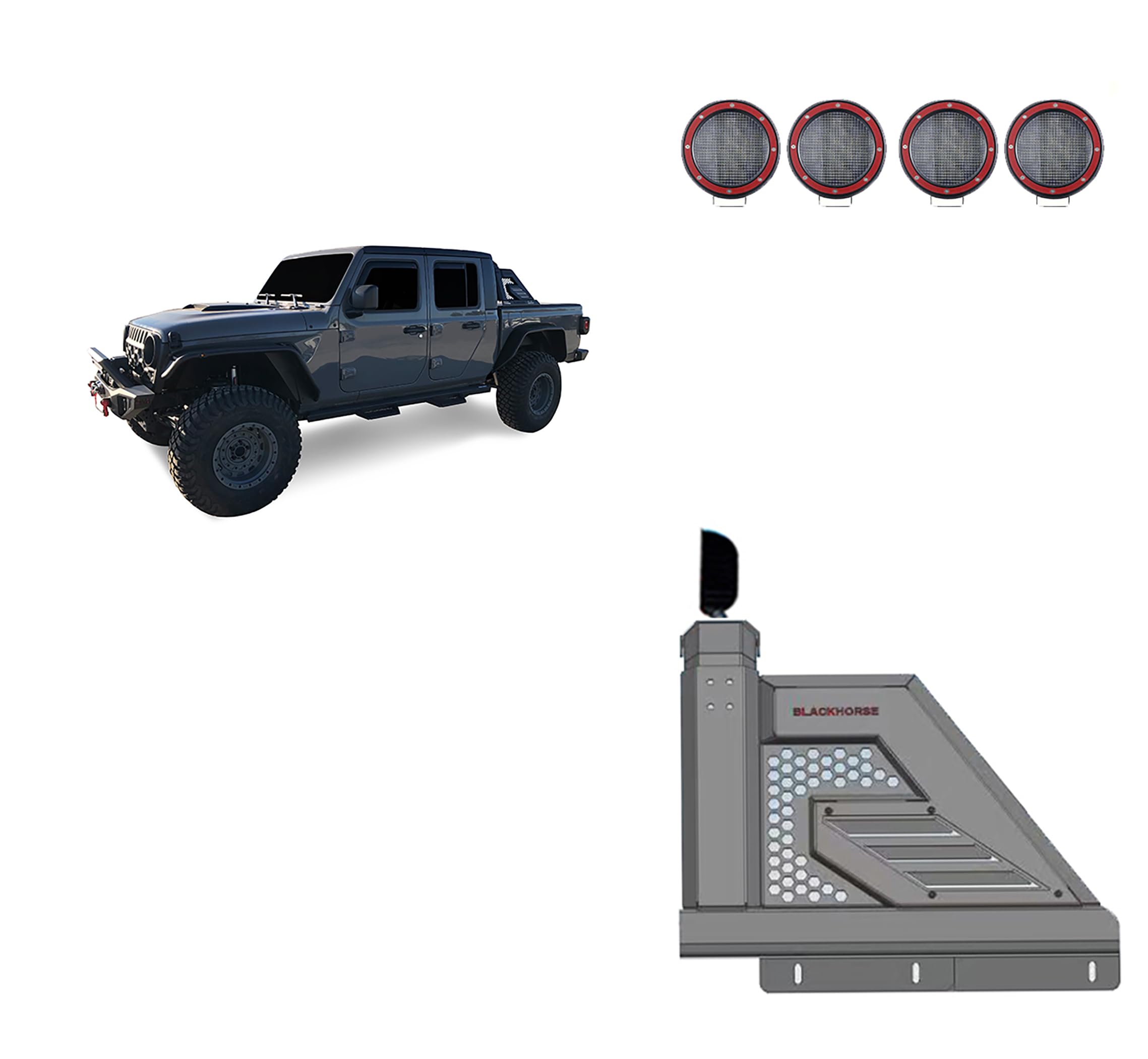 Armour II Black Horse Roll Bar Incl. Set of 5.3" Dia.Led Lights w/Red Trim Rings Compatible with 2019-2024 Jeep Gladiator-AR2-09B-PLFR