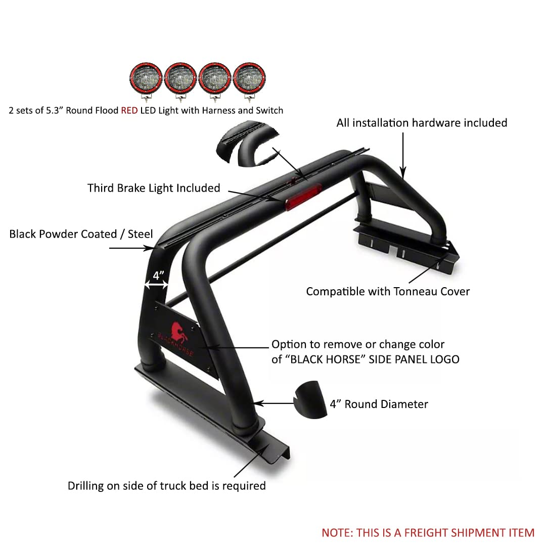 Classic Black Horse Roll Bar Incl. Set of 5.3" Dia.LED Lights w/Red Trim Rings Compatible with 2005-2021 Nissan Frontier-RB007BK-PLFR