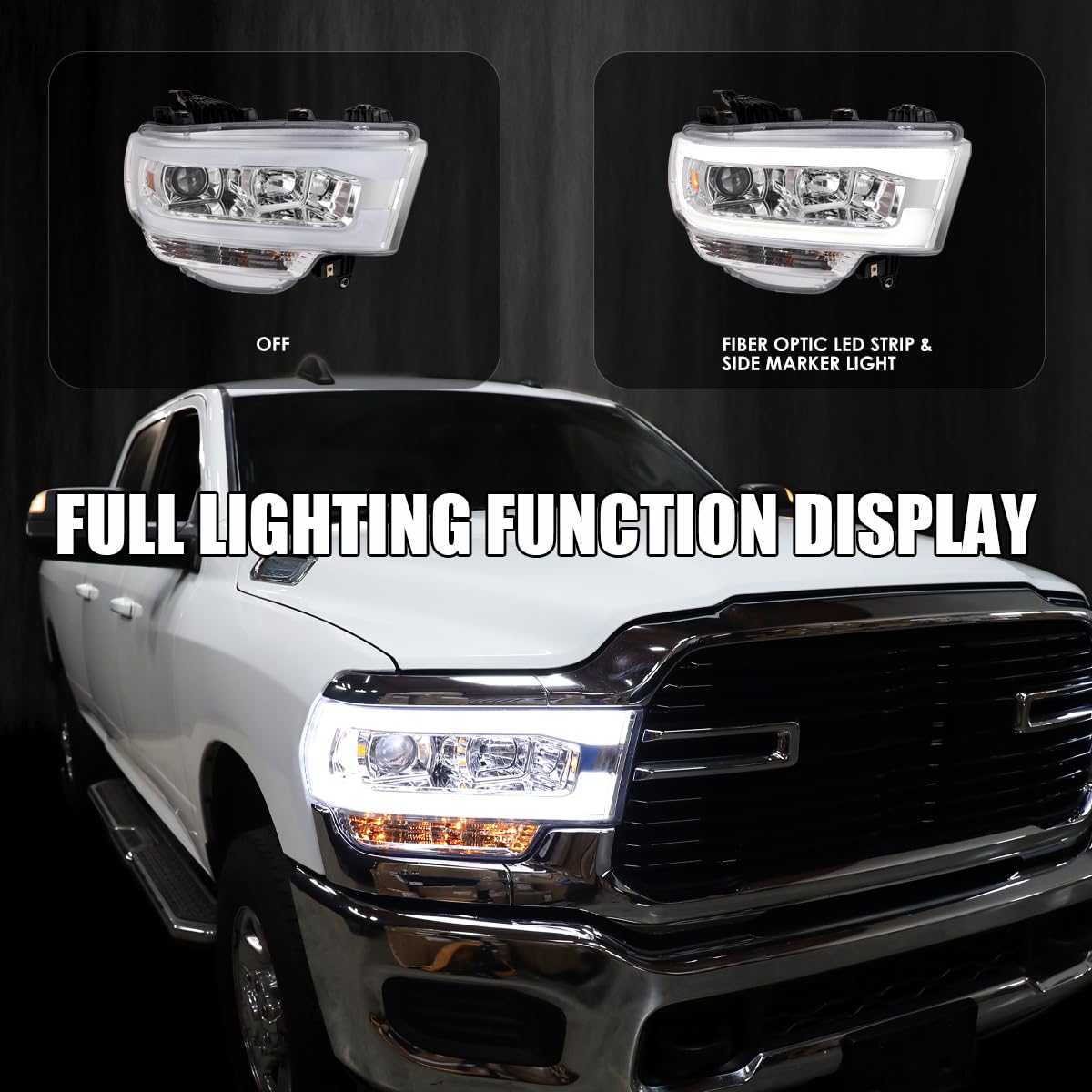 Chrome Projector Headlights w/LED Bar SPEC-D TUNING Compatible with 2019-2024 Dodge Ram 2500, 3500, 4500, Left + Right Pair Headlamps Assembly