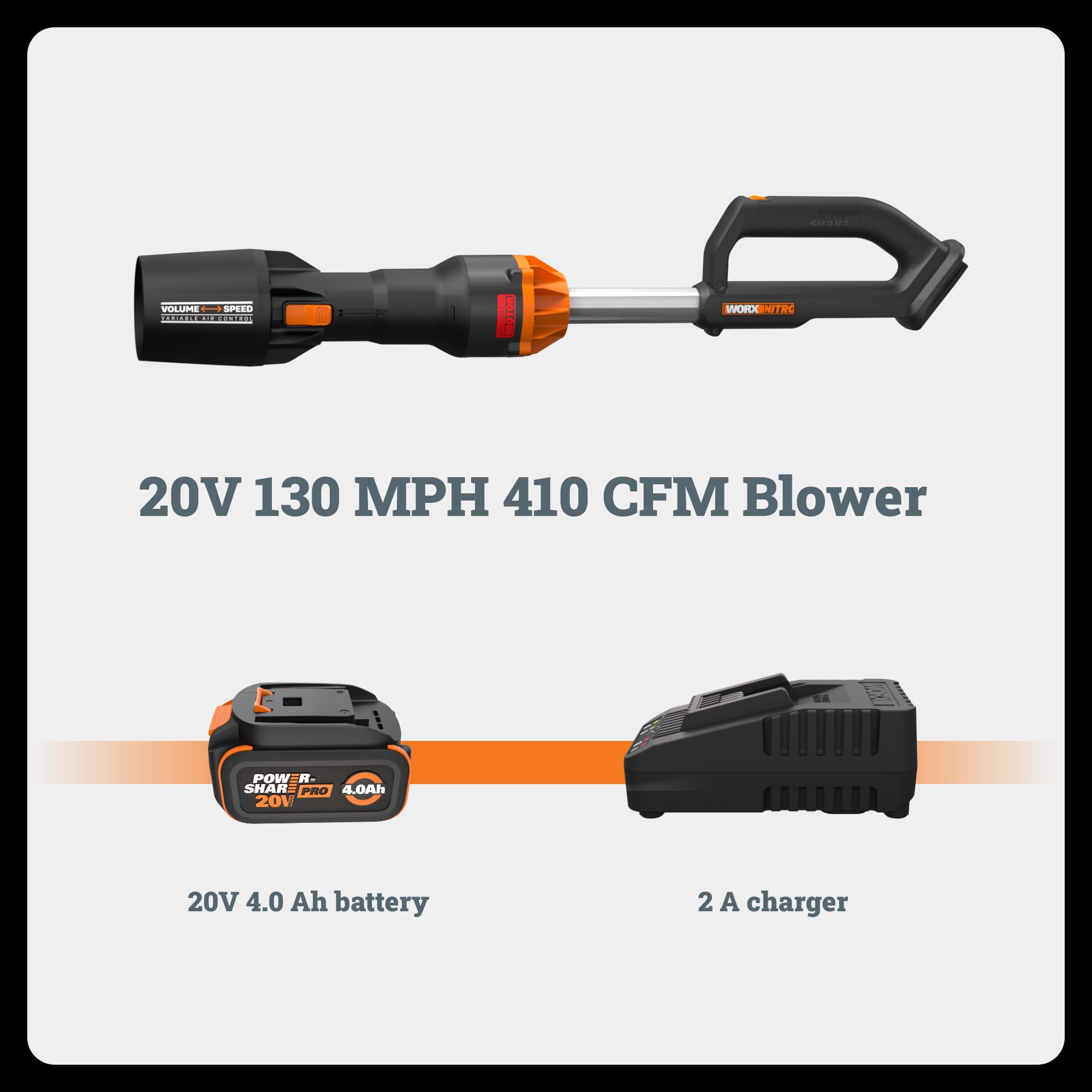 Cordless WORX Nitro Leaf Blower, Electric Blower with 410 CFM & 130 MPH, Blowers for Lawn Care with 3.8 Lbs, 4.0 Ah Battery & Charger Included, WG543