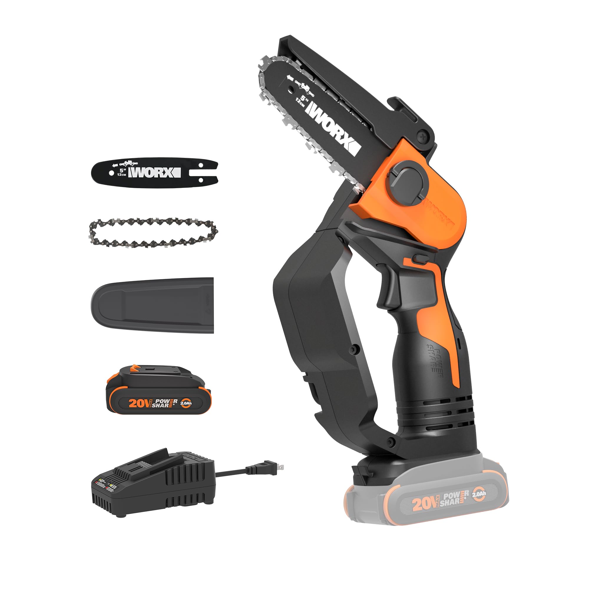 20V Worx 5" Mini Cordless Chainsaw, 3.9 lbs, 22 ft/s Chain Speed, Power Share Battery, Upper & Hand Guard WG324 - Battery & Charger Included