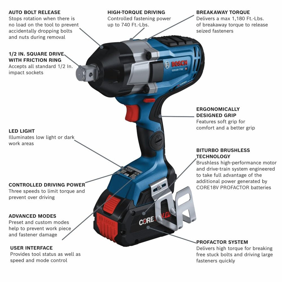 BOSCH PROFACTOR™ GDS18V-770CB14 18V Connected 3/4 In. Impact Wrench Kit with Friction Ring and Thru-Hole and (1) CORE18V® 8 Ah High Power Battery