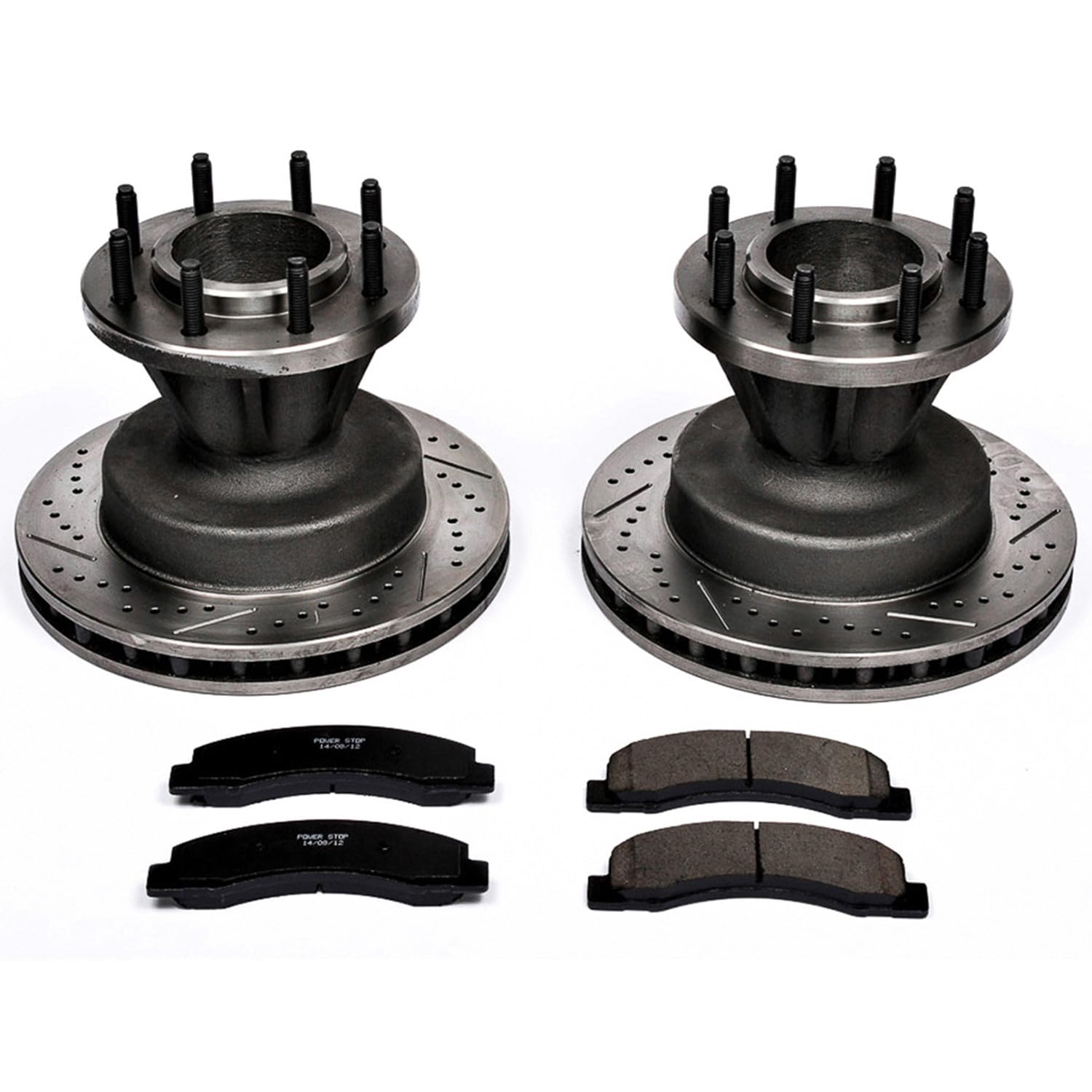 Power Stop K2907 Z23 Carbon Fiber Brake Pads with Drilled & Slotted Brake Rotors Kit For Ford F-350 Super Duty 1999-2002 [Model Specific]