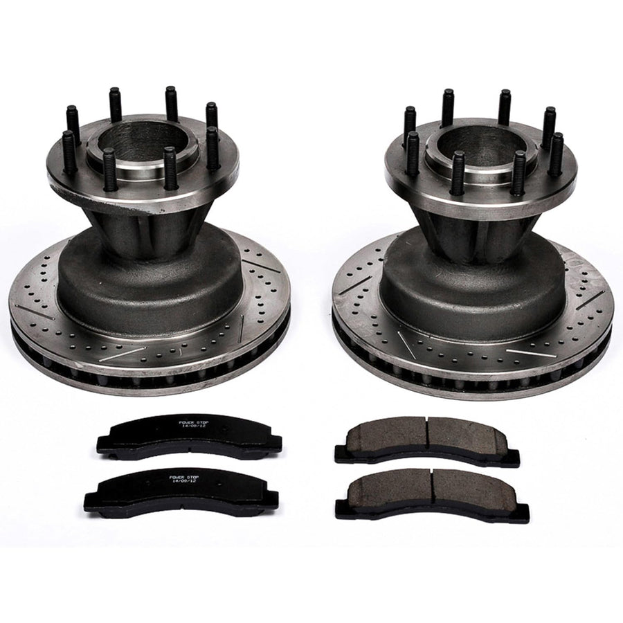 Power Stop K2907 Z23 Carbon Fiber Brake Pads with Drilled & Slotted Brake Rotors Kit For Ford F-350 Super Duty 1999-2002 [Model Specific]