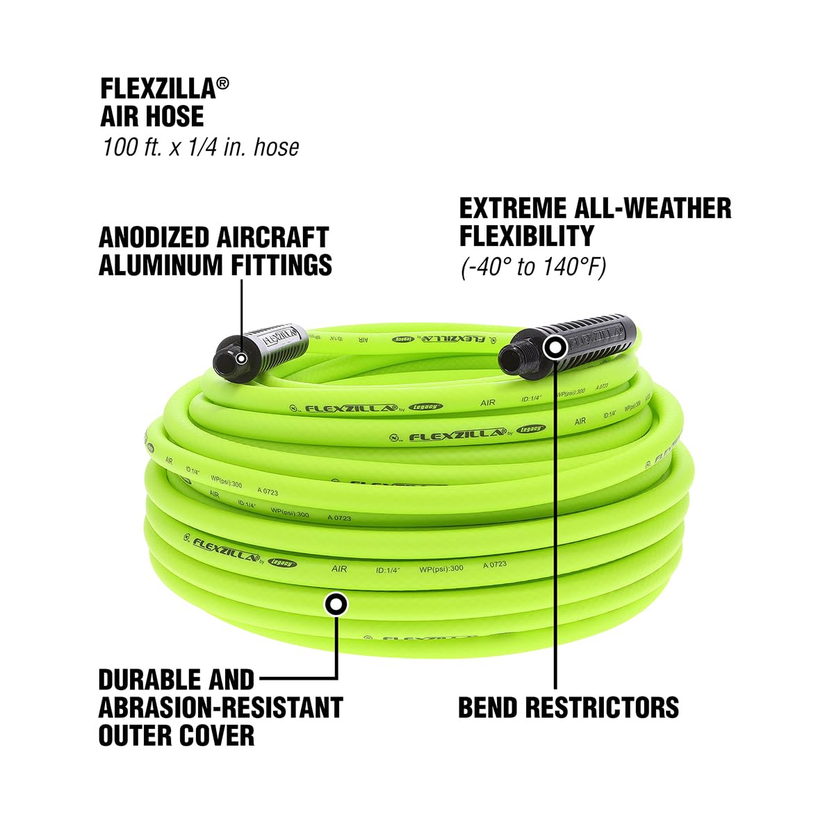 Air Hose Flexzilla, 1/4 In. x 100'., 1/4 In. MNPT Fittings, Heavy Duty, Lightweight, Hybrid, Zillagreen - HFZ14100YW2