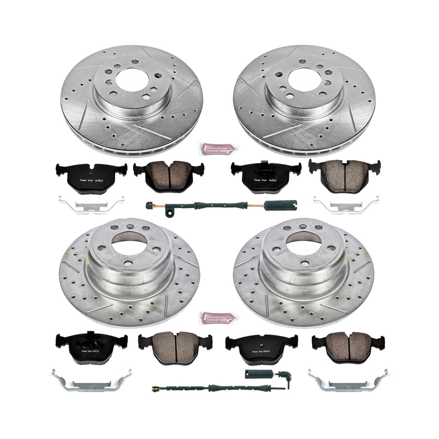 Power Stop K5718 Z23 Carbon Fiber Brake Pads Front and Rear with Drilled & Slotted Brake Rotors Kit and 1 Front & 1 Rear Sensor Wires For BMW X5 2000-2006 [Model Specific]